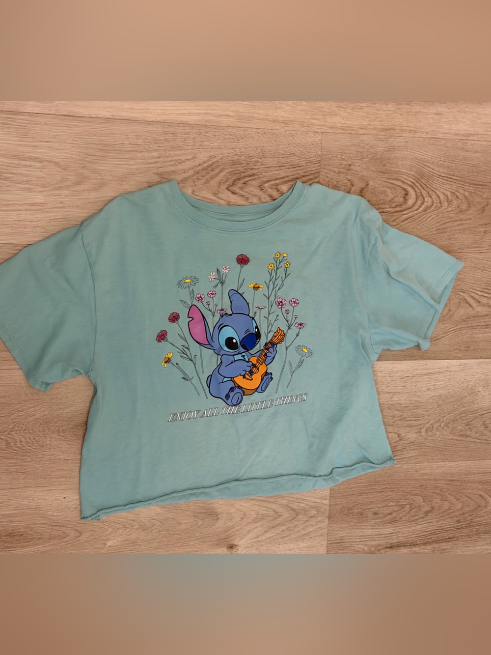 Disney Blue Stitch Ukulele Graphic Tee with Floral Accents